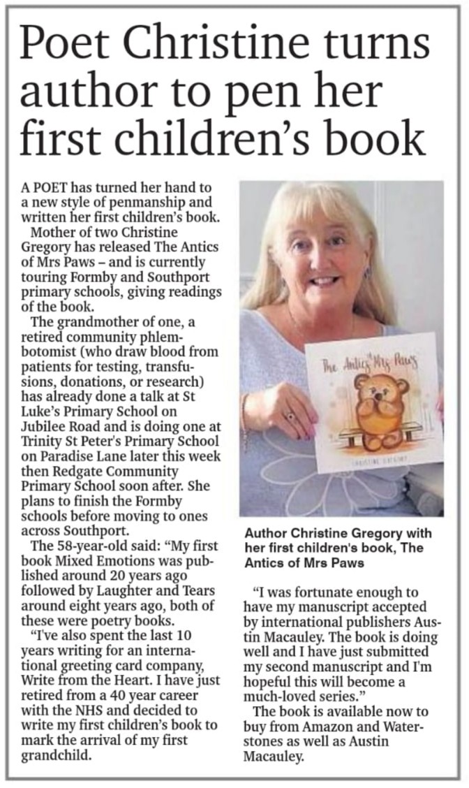 Local Newspaper Feature on ‘The Antics of Mrs Paws’ by Christine Gregory